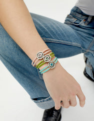 Double Turqfwse Leather Bracelet With A Metal Alloy Eye Detail Pleated In Sterling Silver Crystal