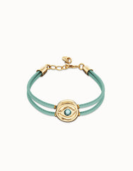 Turqfwse Leather Bracelet With A Metal Alloy Eye Detail Pleated In Gold 18K And Crystal
