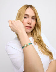 Turqfwse Leather Bracelet With A Metal Alloy Eye Detail Pleated In Gold 18K And Crystal