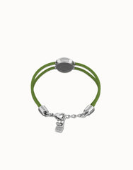 Double Green Leather Bracelet With A Metal Alloy Eye Detail Pleated In Sterling Silver Crystal