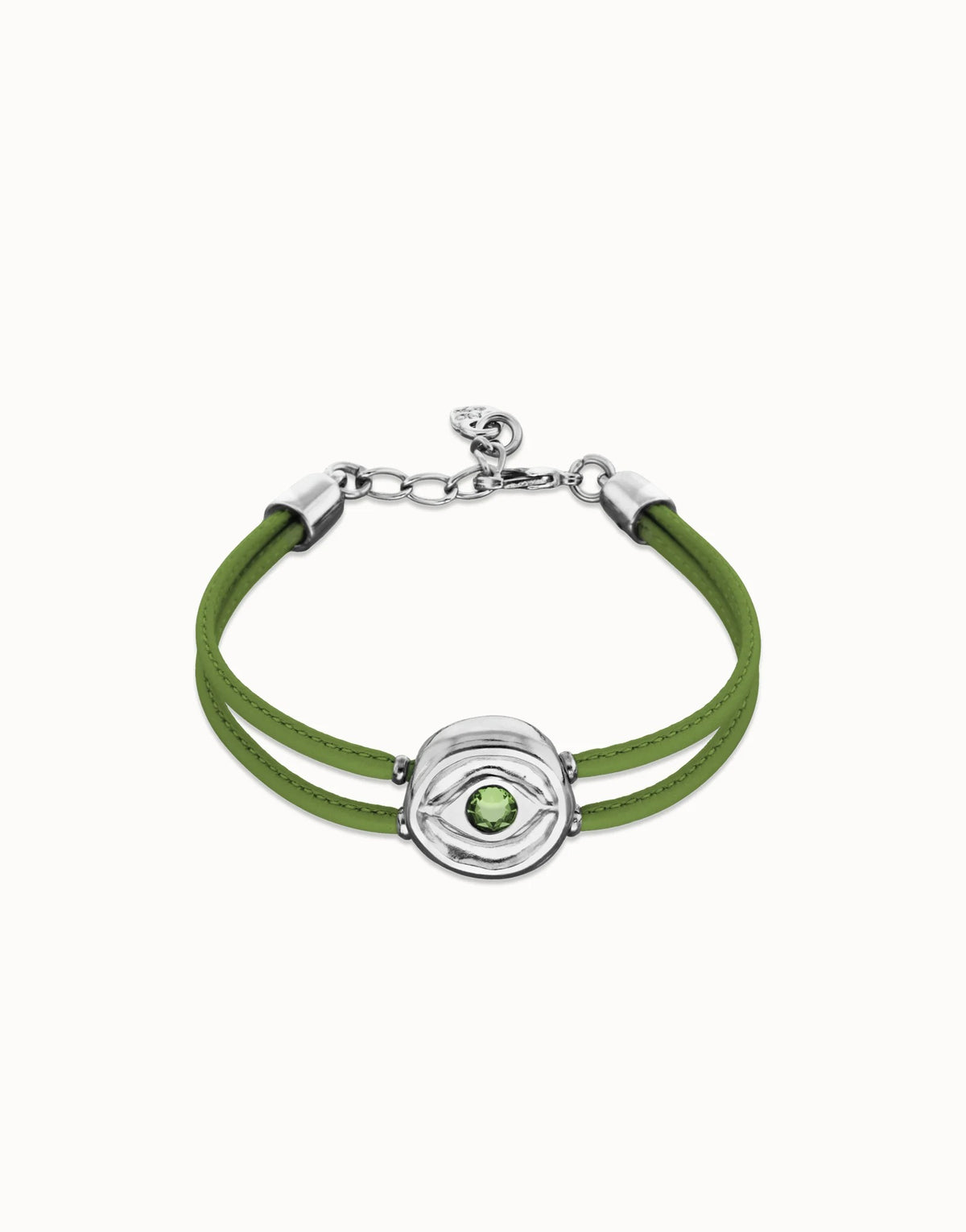 Double Green Leather Bracelet With A Metal Alloy Eye Detail Pleated In Sterling Silver Crystal