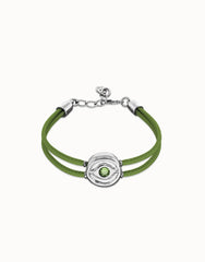 Double Green Leather Bracelet With A Metal Alloy Eye Detail Pleated In Sterling Silver Crystal