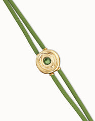 Double Green Leather Bracelet With A Metal Alloy Eye Detail Pleated In Gold 18K Crystal