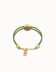 Double Green Leather Bracelet With A Metal Alloy Eye Detail Pleated In Gold 18K Crystal
