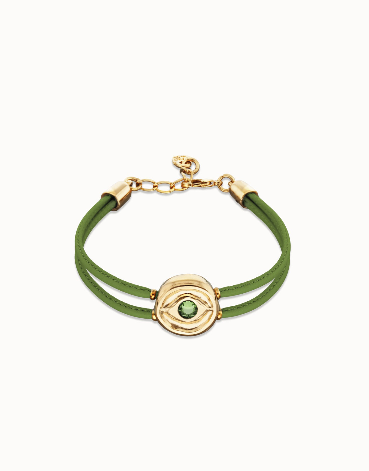 Double Green Leather Bracelet With A Metal Alloy Eye Detail Pleated In Gold 18K Crystal