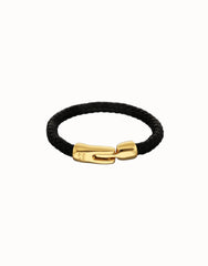 Black Braided Leather Bracelet With Gold Closure