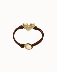 Black Leather Bracelet With Heart Shaped 18K Detail Plated Detail