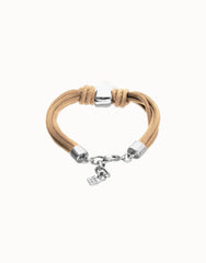Bracelet With Mix Of Silk Effect And Leather Beige Thread And Sterling Silver Heart Detail