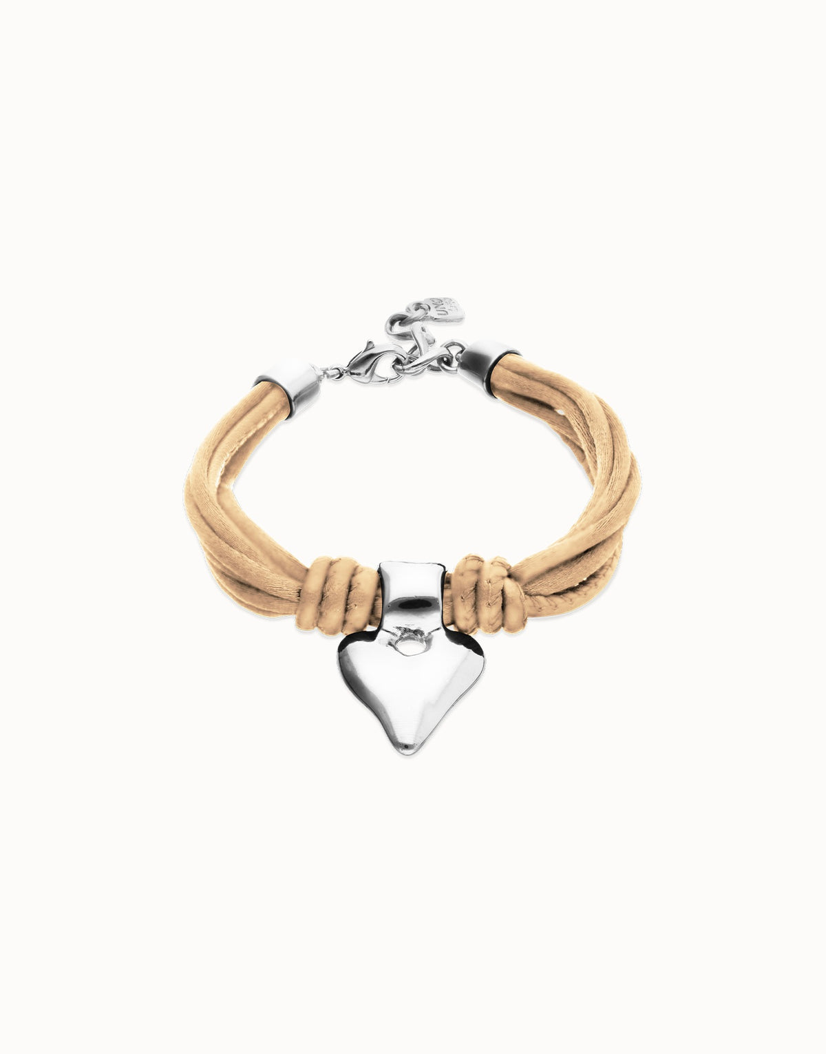 Bracelet With Mix Of Silk Effect And Leather Beige Thread And Sterling Silver Heart Detail