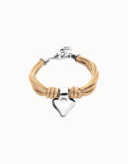 Bracelet With Mix Of Silk Effect And Leather Beige Thread And Sterling Silver Heart Detail