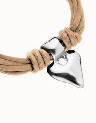 Bracelet With Mix Of Silk Effect And Leather Beige Thread And Sterling Silver Heart Detail
