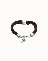 Bracelet With Mix Of Silk Effect And Leather Brown Thread And Sterling Silver Heart Detail