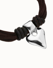 Bracelet With Mix Of Silk Effect And Leather Brown Thread And Sterling Silver Heart Detail