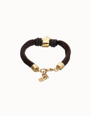 Bracelet With Mix Of Silk Effect And Leather Beige Thread And 18K Gold Heart Detail