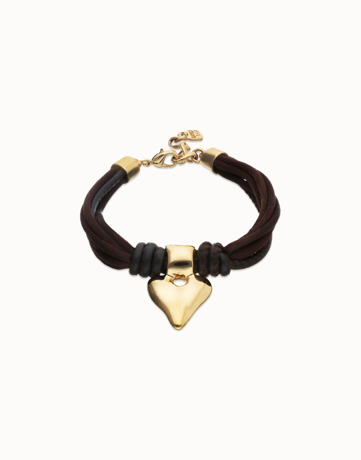 Bracelet With Mix Of Silk Effect And Leather Beige Thread And 18K Gold Heart Detail