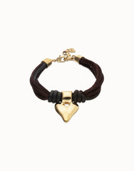 Bracelet With Mix Of Silk Effect And Leather Beige Thread And 18K Gold Heart Detail