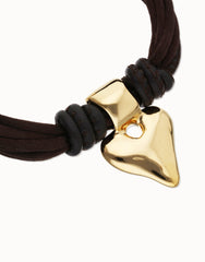 Bracelet With Mix Of Silk Effect And Leather Beige Thread And 18K Gold Heart Detail