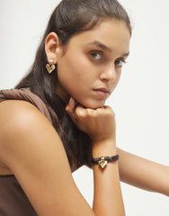 Bracelet With Mix Of Silk Effect And Leather Beige Thread And 18K Gold Heart Detail
