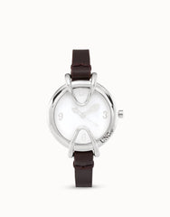 Sterling Silver Metal Alloy Watch With Black Leather Strap, White Interior Rounded Face