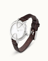 Sterling Silver Metal Alloy Watch With Black Leather Strap, White Interior Rounded Face