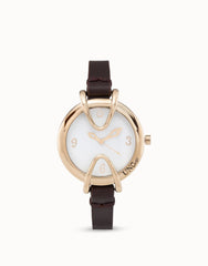 18K Gold Plated Metal Alloy Watch With Brown Leather Strap, White Interior Rounded Face