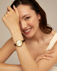 18K Gold Plated Metal Alloy Watch With Brown Leather Strap, White Interior Rounded Face