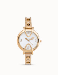 18K Gold Plated Metal Alloy Watch With Metal Strap, White Interior Rounded Face