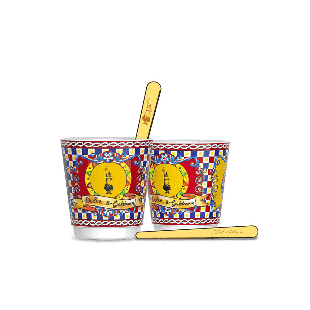Set 2 porcelain cups and 2 golden stirrers Bialetti Sicilian Cart