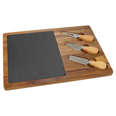 14x10 Acacia Wood/Slate Rectangle Cheese Set with Three Tools