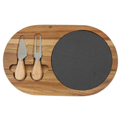12 1/2 x 8 Acacia Wood/Slate Oval Cheese Set with Two Tools