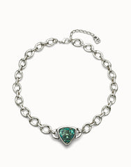 Sterling silver-plated link camaleonica necklace with a green crystal
