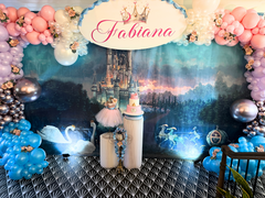 Fairytale Castle Party Package with Arched Welcome Sign, Carriage Backdrop, Balloon Garland & Floral Accents