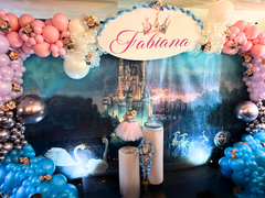 Royal Ball Package: Cinderella-Inspired Backdrop with Balloons, Cake Stand, Sign & Dress form