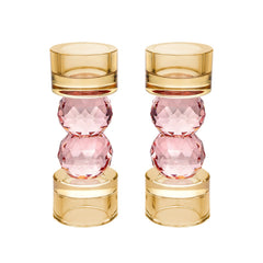 Set of 2 Candle Holders with Pink Ball Detail - Amber