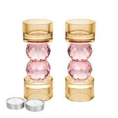 Set of 2 Candle Holders with Pink Ball Detail - Amber
