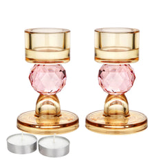 Set of 2 Candle Holders with Pink Ball Detail - Amber