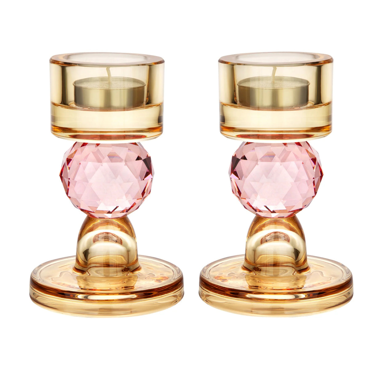 Set of 2 Candle Holders with Pink Ball Detail - Amber