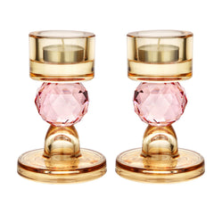 Set of 2 Candle Holders with Pink Ball Detail - Amber