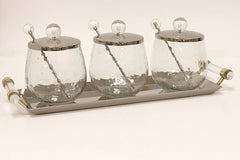 3 Canisters on Rectangle Tray with with Clear Ball Knobs - Silver