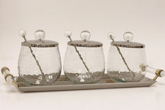 3 Canisters on Rectangle Tray with with Clear Ball Knobs - Silver
