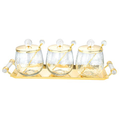 3 Canisters on Rectangle Tray with with Clear Ball Knobs - Gold