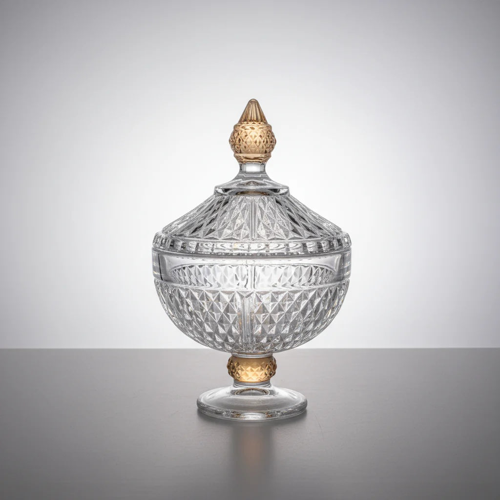 Footed Glass Jar with Diamond Cut and Colored Leg and Knob - Medium