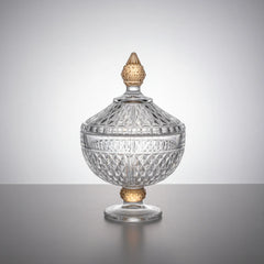 Footed Glass Jar with Diamond Cut and Colored Leg and Knob - Medium