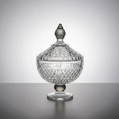 Footed Glass Jar with Diamond Cut and Colored Leg and Knob - Medium