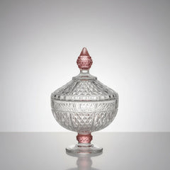 Footed Glass Jar with Diamond Cut and Colored Leg and Knob - Medium