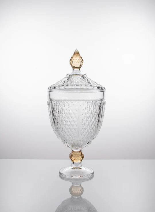 Footed Glass Jar with Diamond Cut and Colored Leg and Knob - Large