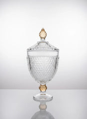 Footed Glass Jar with Diamond Cut and Colored Leg and Knob - Large