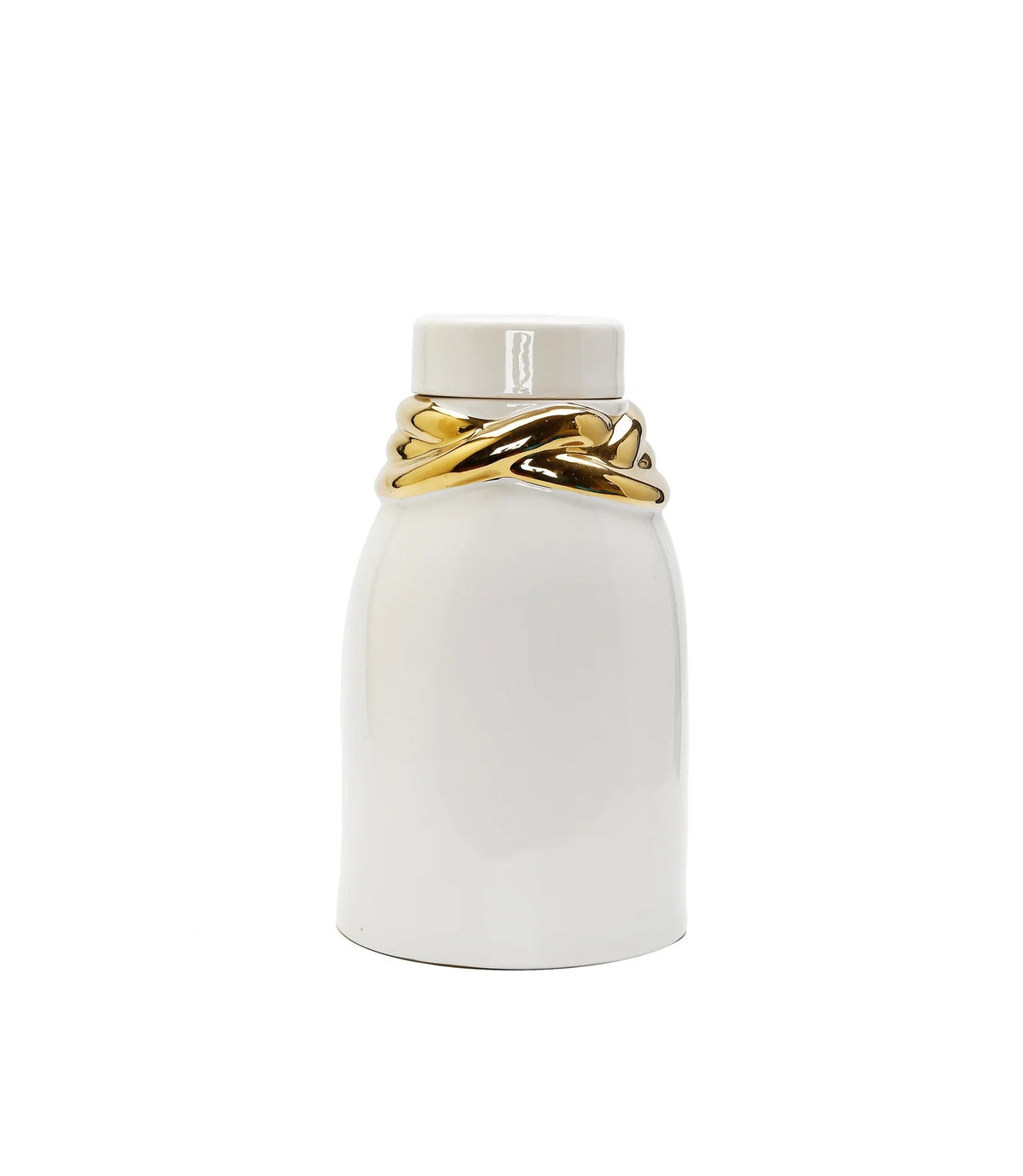 White Ceramic Jar with Lid and Gold Details - Medium