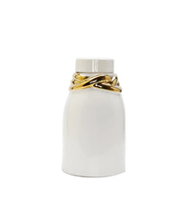 White Ceramic Jar with Lid and Gold Details - Medium