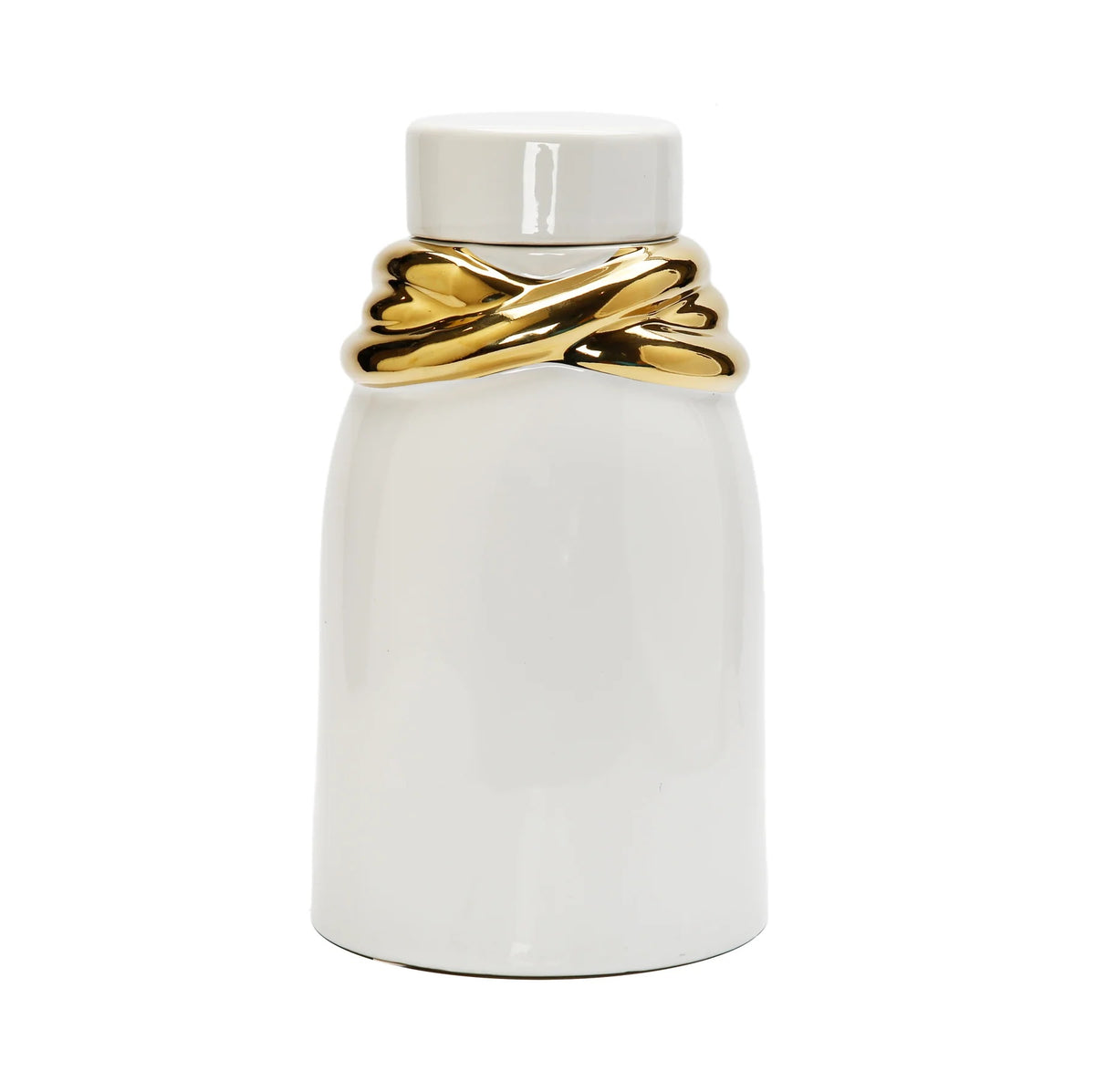 White Ceramic Jar with Lid and Gold Details - Large